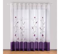 SIMPVALE 2 Pezzi Tenda per Interni, Viola 140x275 cm Tende per Finestre con Motivo a Floreale Ricamata, Tenda Semi Trasparente Voile con Occhielli per Camera da Letto e Salotto
