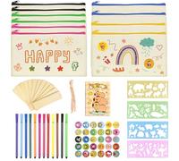 SIMSPEAR 10 Pezzi Astuccio in Tela Bianco Con 12 Matite Colorate, 12 Segnalibri in Legno e 4 Stencil per Dipingere, 30 Adesivi e Mini Blocco Note per Bambini, Scuola, Fai-da-te, Viaggi