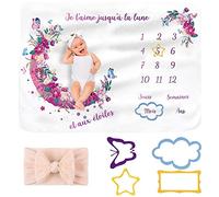 SIMSPEAR Coperta Mesi Neonato, con 4 Cornici per Foto Per Maschio O Femmina,Tema Luna Regalo Baby Shower Personalizzato Per Neomamme Copertina Bambino 130x100cm