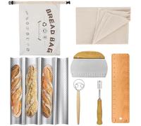 SIMTWO Set di 7 stampi per baguette - con 4 teglie da forno per baguette, cime da forno, coltelli da forno, frusta, pelapatate per il trasferimento del pane, sacchetti riutilizzabili, tagliapasta
