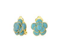 Simulato Turchese Blu Smalto Rosa Fiore Retrò Clip Su Orecchini Stile Pulsante Non Forato Orecchie 14K Oro Placcato Brass