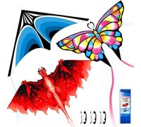 Simxkai Assortimento di aquiloni rosa con farfalla, drago rosso e delta blu, set di attività all'aperto pronto per il volo