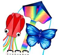 Simxkai Confezione da 3 aquiloni arcobaleno delta, aquilone mollusco rosso, aquilone a farfalla blu, aquilone da spiaggia facile da far volare per bambini e adulti, ogni aquilone con manico a corda da