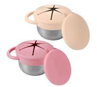 Sinbana 2pz Contenitori Snack Bambini, 355ml Anti-Goccia 3-in-1 Tazza per Spuntino Bambini in Acciaio Inossidabile con Coperchi e Manici in Silicone per Mangiare Movimento(Beige e Rosa)