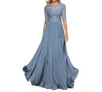 Sincemeet Abito da Madre della Sposa in Chiffon di Pizzo da Donna Abito da Sera Formale con Maniche a 3/4 Un Abito da Ballo di Linea