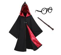 Sincere Party Cappotto magico nero con cappuccio per bambini, abito mago con bacchetta, occhiali, distintivo perfetto per la Giornata Mondiale del Libro 5-7 anni