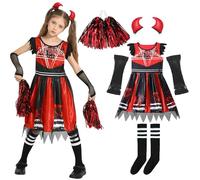 Sincere Party Costume da cheerleader zombie, vestito da diavolo zombie con pompon, collant, guanti a rete, clip per corna da diavolo XL（10-12）