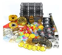 Sincere Party Scrigno del tesoro dei pirati con rivestimento argento-nero, con molti oggetti di scena pirata, perfetto per giochi di ruolo per bambini pirati