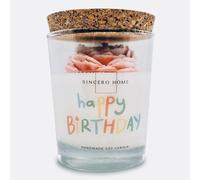 Sincero Home Candela Profumata - "Happy Birthday", Candela Artigianale in Cera di Soia con Fragranza di Torta alla Vaniglia e Rosa, Perfetto Regalo di Compleanno, Durata 60 Ore