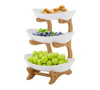 Sindipanda Alzata per frutta a 3 ripiani, con supporto in legno di bambù, per deposito, frutta, caramelle, dessert, moderna, in ceramica, bianco