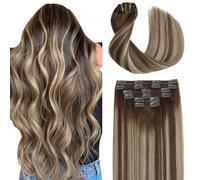 Sindra Extension di capelli umani con balayage da castano medio a biondo caramello, 50,8 cm, 120 g, 6 pezzi, capelli umani invisibili, lisci come la seta, #4/27/4, 50,8 cm