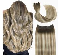 Sindra Extension di capelli umani con filo di ferro, 70 g, colore sfumato da castano noce a castano cenere e biondo, un pezzo, capelli umani (#3/8/56-40,6 cm)