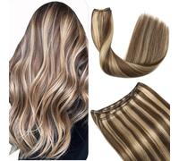 Sindra Tessitura Extension Capelli 50CM 100g Matassa Capelli Veri Lisci Extension Colore Castano Medio Highlight Biondo Miele Human Hair Bundles Weft(weft#4p27-50cm)