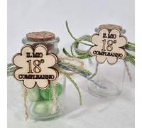 Sindy Bomboniere Vasetto Vetro 18 Anni Bottiglie con Tappo di Sughero Decorati con Cordoncini e Tag Legno, 24 Vasetti, 4,5x8,5 cm, Festivo Shabby Chic
