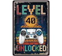 Sinekong Targa Vintage Metallo Level 40 Unlocked, Decorazione 40 Compleanno Uomo 40 Compleanno Decorazione per Gamer Divertenti Decorazione per Sala da Gioco retrò, Idea Regalo per Giocatori 20x30cm
