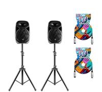 Sinextesis Impianto Audio Acustico con Coppia Altoparlanti Casse Attive Amplificate 400W con Woofer da 8", coppia di Stativi, 2 Cavi XLR da 5 mt.