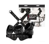 Sinful Black Bondage Kit vinile nero manette cavigliere hogtie maschera set
