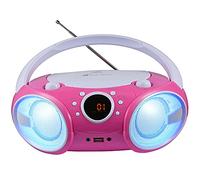 SINGING WOOD Lettore CD Boombox CD/CD-R/CD-RW, Portatile con Bluetooth, USB, Radio AM/FM, Ingresso AUX, Jack per Cuffie, Maniglia per Il Trasporto Pieghevole e Luce a LED (Rosa Gattino)