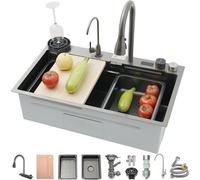 Singola Bowl Cascata Lavandino Da Cucina Multifunzionale Bar Contatore Nano-rivestito Con Rubinetto Pull-Down E Completo Accessori Set