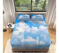 Singolo Lenzuolo con Angoli 90x200x30cm, Modello di Cielo Blu E Nuvole Bianche Traspirante Lenzuola con Angoli Sotto Profondità 30cm, Blu Coprimaterasso Confortevole e Lavabile con 2 Federe