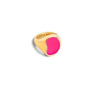 SINGULARU - Anello Signet Bean Neon Pink Enamel. Ottone Grande con Finitura Placcata Oro 18 Kt e Fucsia. Taglia 12