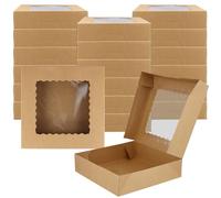 SINJEUN Confezione da 20 scatole per biscotti in carta kraft con finestra, 26 x 26 x 6,35 cm, scatole marroni per torte e pasticceria, scatole in cartone per biscotti e dessert per confezioni regalo