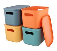 SINJEUN Confezione da 4 scatole portaoggetti in plastica con coperchio, 25 x 18 x 16 cm, contenitori impilabili, per cucina, bagno, ufficio, 4 colori