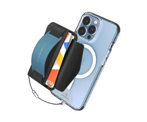 Sinjimoru [2022 Updated] iPhone 14 Magnetic Phone Wallet for MagSafe, iPhone Card Holder with Cell Phone Kickstand & Phone Grip Strap for iPhone 12 13 & iPhone 14 Series. M-BGrip Blue