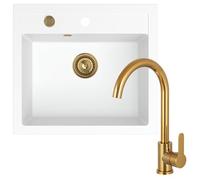 sink quality lavello bianco con rubinetto dorato, lavello in granito 56 x 51 cm, set con rubinetto da cucina, sifone dorato e impregnazione - lavello per sottolavelli a partire da 60 cm di larghezza