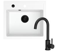 SINK QUALITY Lavello bianco con rubinetto nero 56 x 51 cm - Set lavello in granito con rubinetto della cucina, sifone nero e impregnante - lavello per sottolavelli a partire da 60 cm di larghezza