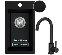 SINK QUALITY Lavello da cucina con rubinetto, nero, 28 x 50 cm, con rubinetto, sifone e impregnante, piccolo lavello in granito per sottolavelli a partire da 40 cm, lavello da incasso in granito