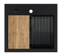 SINK QUALITY Lavello da cucina in granito nero, 56 x 51 cm, moderno lavello da cucina con tagliere, sifone nero, scolapiatti, impregnante - Lavello da incasso singolo per mobile da 60 pezzi