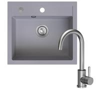 sink quality lavello grigio con rubinetto, 56 x 51 cm, set di lavello in granito con rubinetto da cucina, sifone push e impregnazione, lavello per sottolavelli a partire da 60 cm di larghezza, lavabo
