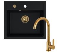 sink quality lavello in granito con macchie dorate e rubinetto, 56 x 51 cm, set di lavello con rubinetto da cucina, sifone dorato e impregnante - lavello per mobiletti a partire da 60 cm di larghezza