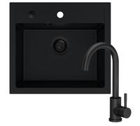 SINK QUALITY lavello nero con rubinetto, 56 x 51 cm, set di lavello in granito con rubinetto da cucina, sifone nero e impregnante, lavello per sottolavelli a partire da 60 cm di larghezza, lavabo per