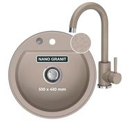 sink quality lavello rotondo con rubinetto Ø 51 cm - lavello in granito beige con rubinetto, sifone con bottone automatico e impregnazione - lavello da cucina rotondo in granito per armadi a partire