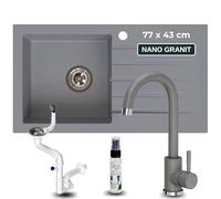 SINK QUALITY Set Lavello Cucina Grigio con Rubinetto Miscelatore - Lavandino in Granito 77x43 cm con Gocciolatoio - Incluso Sifone e Impregnante - Incasso per Mobile da 45 cm
