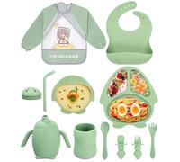 SinLaw Pappa Svezzamento, 11 Pezzi - Set Pappa Bimbo, Silicone - Piatto Svezzamento con Ventosa, Bavaglino Impermeabile per Bambini, Posate per Bambini, Senza BPA (Verde)