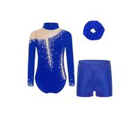 Sinleey Bambina Costume Da Danza A Maniche Lunghe Con Pantaloncini Corti Set Di Elastici Per Capelli Glitter Strass Tuta Da Ginnastica Abbigliamento Per Balletto E Un blu reale 9-10 anni
