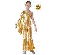 Sinleey Bambina Tuta Metallizzata Glitter Anni 70 80 Disco Salopette Svasata E Set Fascia Per Capelli Costume Da Ballo Per Bambini Festa Carnevale Halloween Oro 13-14 anni