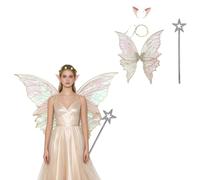 Sinleey Corona Fiori E Bacchetta Set Cosplay Del Rinascimento Alette Seta | Le Ali Dell'Angelo Sono Fatte Organza Trasparente,Bretelle Trasparenti Regolabili,Effetto Gradiente,Festa Di Cosplay