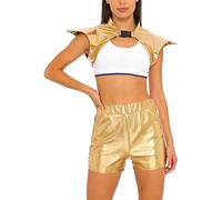 Sinleey Costume Bambina Dallo Spazio Alieno Donna Camicia Metallizzata Shrug Crop Top E Shorts Metallizzati Set Carnevale Costume Rave E Festival Abito Ballo Oro S