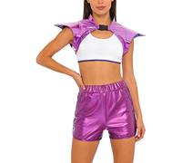 Sinleey Costume Bambina Dallo Spazio Alieno Donna Camicia Metallizzata Shrug Crop Top E Shorts Metallizzati Set Carnevale Costume Rave E Festival Abito Ballo Viola M