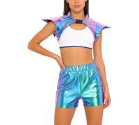Sinleey Costume Bambina Dallo Spazio Alieno Donna Camicia Metallizzata Shrug Crop Top E Shorts Metallizzati Set Carnevale Costume Rave E Festival Abito Ballo Blu M