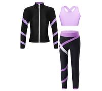 Sinleey Costume Da Pattinaggio Artistico Per Bambina Completo Giacca Pantaloni E Canotta Set Sportivo Abbigliamento Da Allenamento Felpa Leggings Abbigliamento Danza Lavanda 7-8 anni