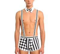 Sinleey Costume Uomo Cameriere Barman Stripper Set Mosca Collo Blocco Colore Pantaloncini Boxer Carnivale Abito Festa Scolastica Nero Bianco S
