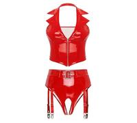 Sinleey Dame Look Lucido Set Intimo Pelle Verniciata Giacca Crop Top Aperto G String Slip Con Strappi Set Intimo Erotico Abito Nachtclub Outfit Gogo Abbigliamento Rosso L