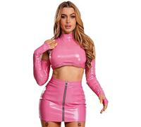 Sinleey Dame Outfit Wetlook In Pelle Tagliata Top Crop E Minidress Bodycon Set Rock Feste Abito Rave Party Nachtclub E Danza Poles Rosa XL