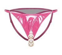 Sinleey Dame Slip Visibile in Effetto Wet Look Aperto Passo con Perle Pelle Lucida String Tanga Aperta Intimo Hipster Berretto Intimo Alluring Rosa XL