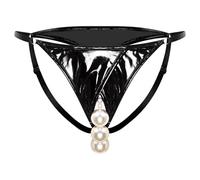 Sinleey Dame Slip Visibile in Effetto Wet Look Aperto Passo con Perle Pelle Lucida String Tanga Aperta Intimo Hipster Berretto Intimo Alluring Nero 3XL
